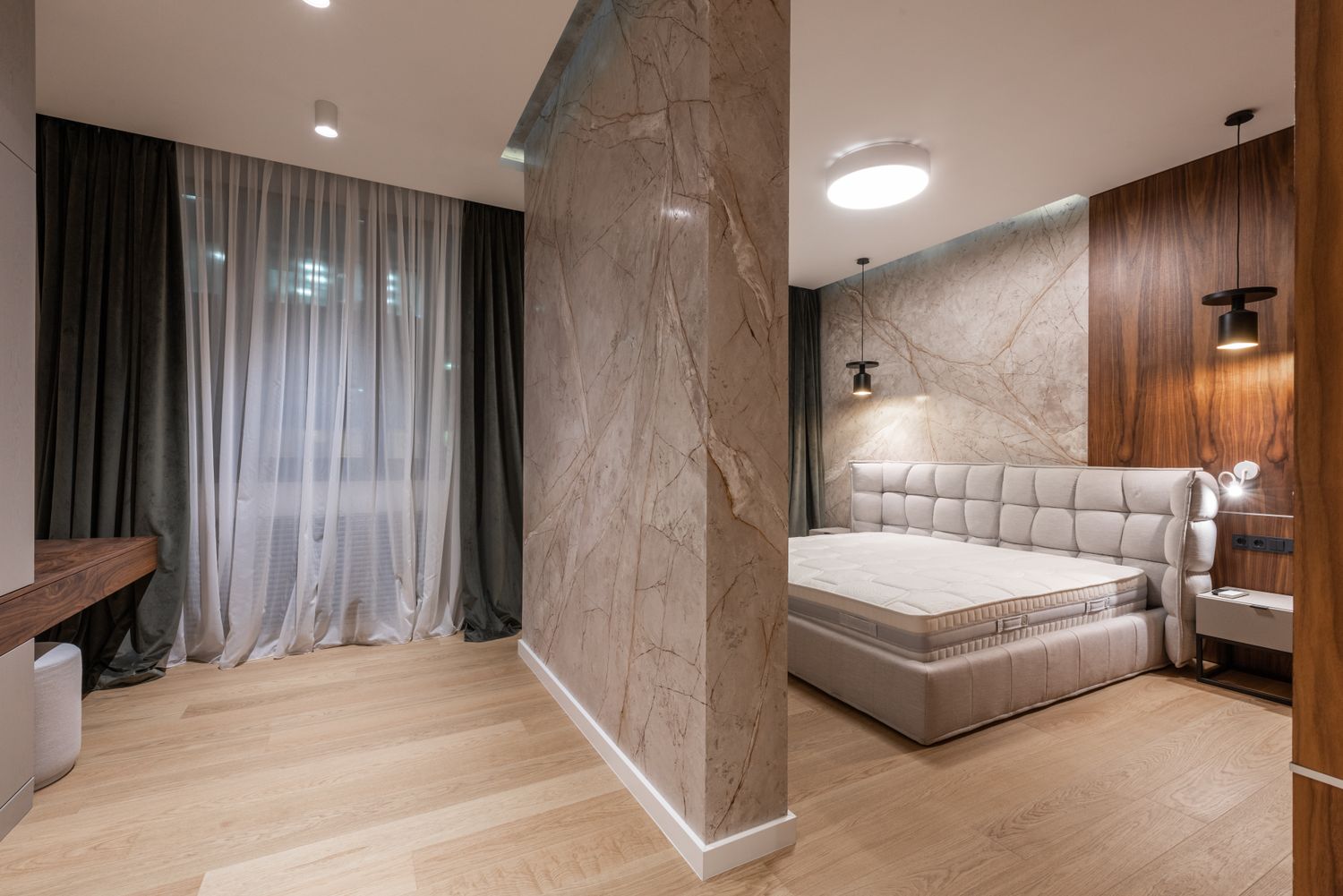 A calm, freshly painted bedroom