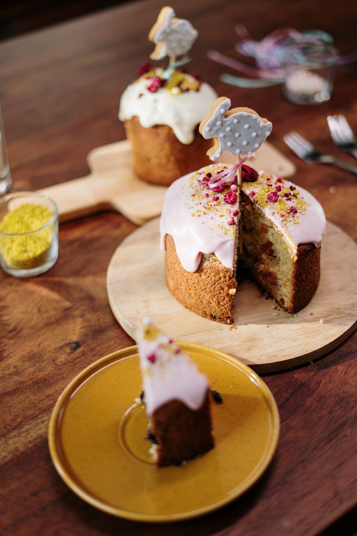 A cake on a wooden board