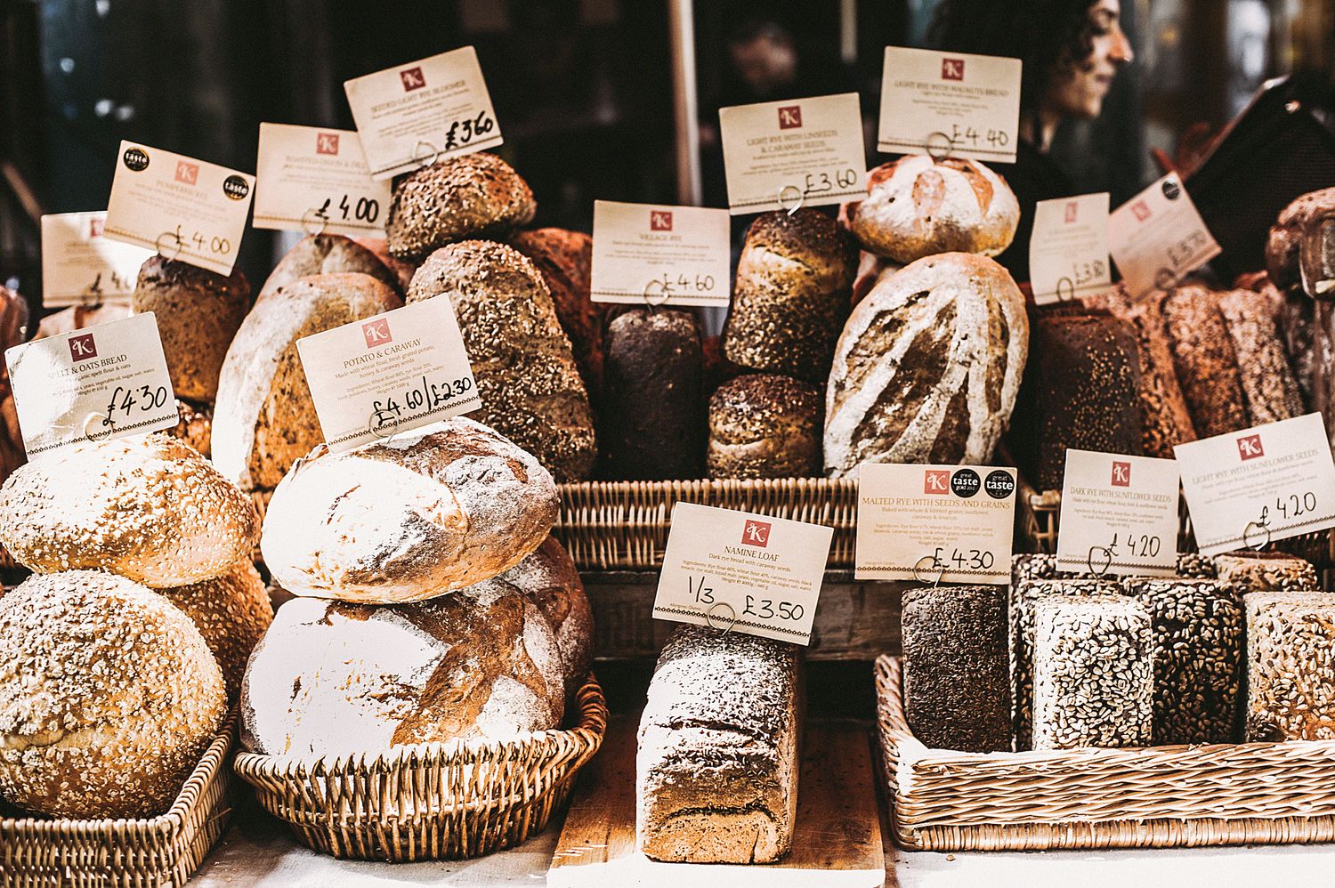 Artisan loaves and rolls in baskets