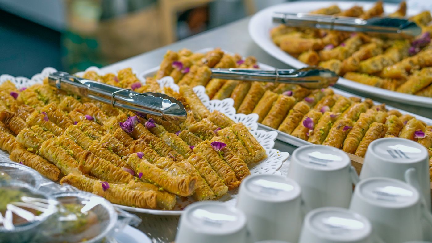 A filled pastry display case