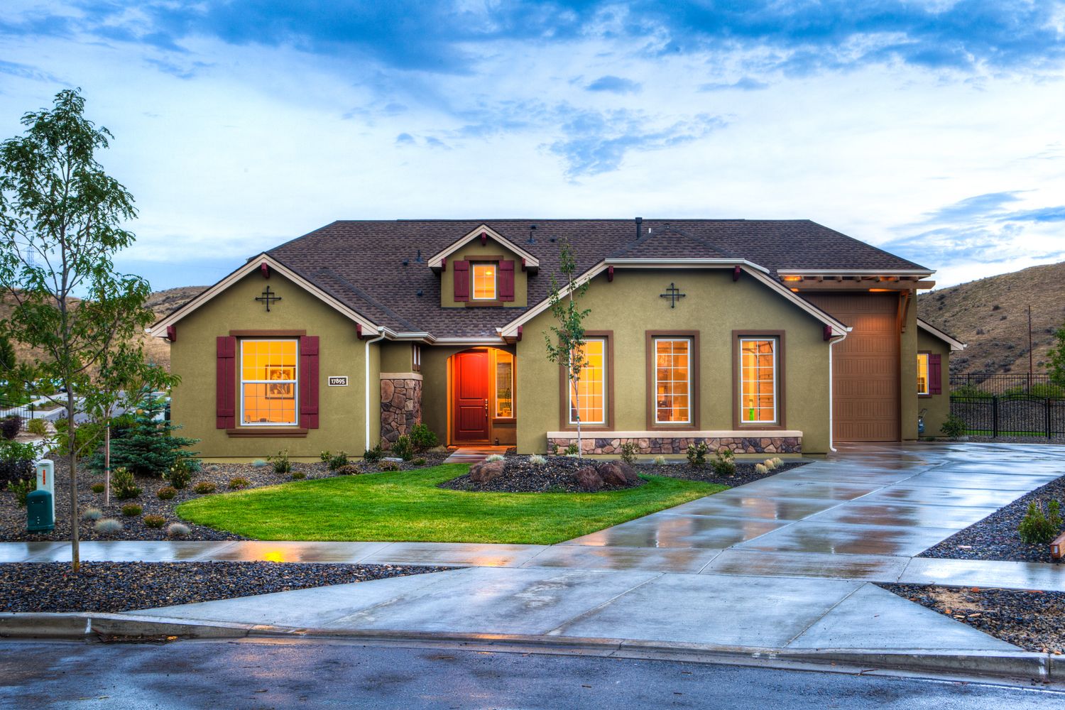 Clean home exterior at dusk