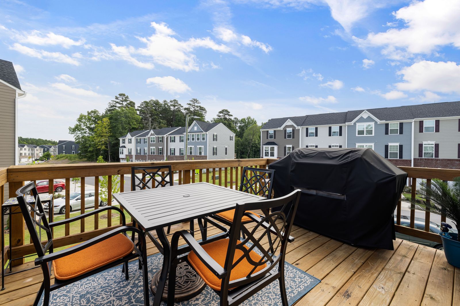 Cedar deck with backyard furniture