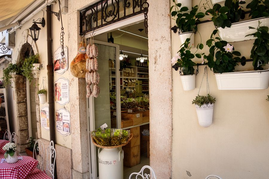 Italian deli shelves of imported pantry goods