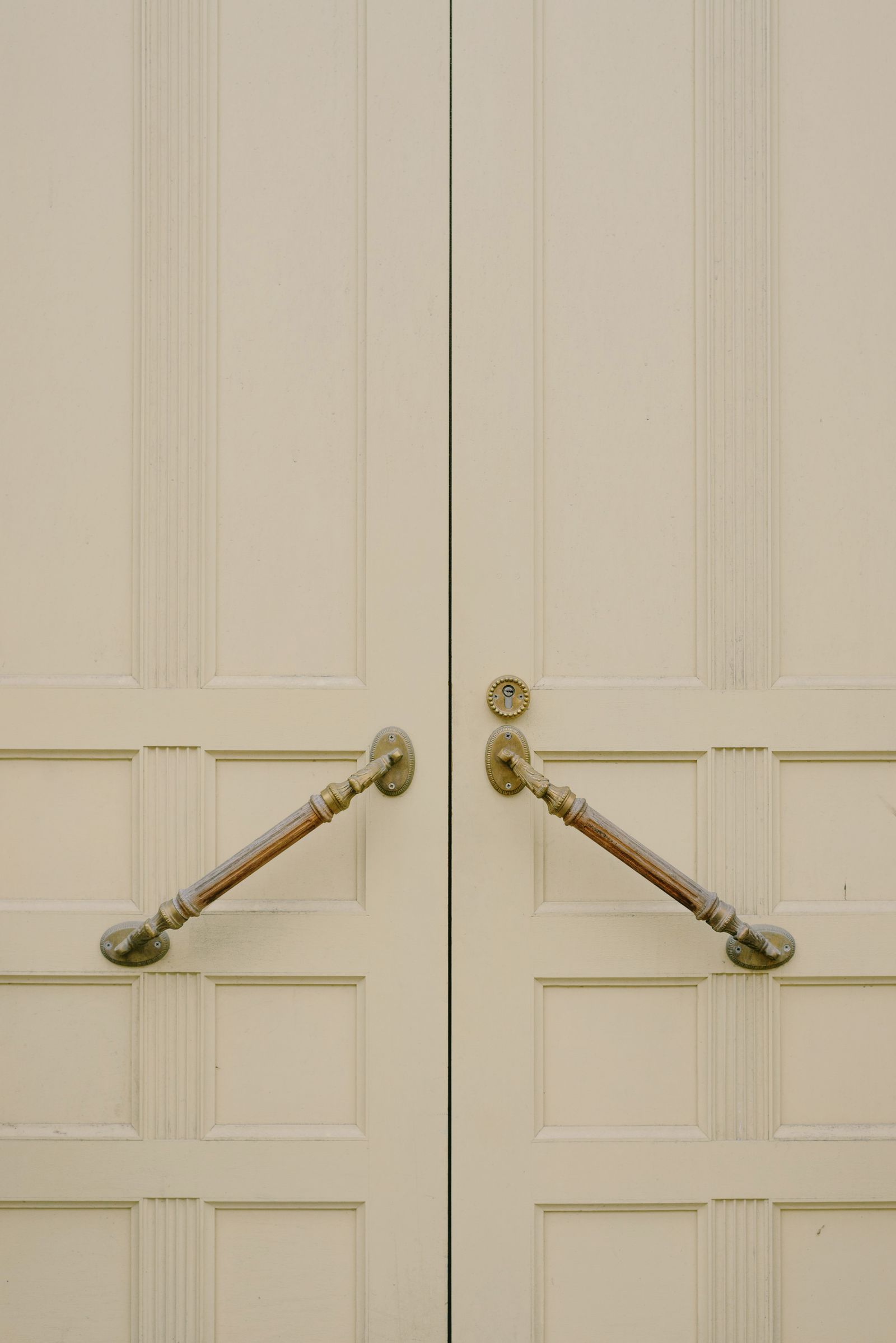 Pale double doors with a brass pull handle