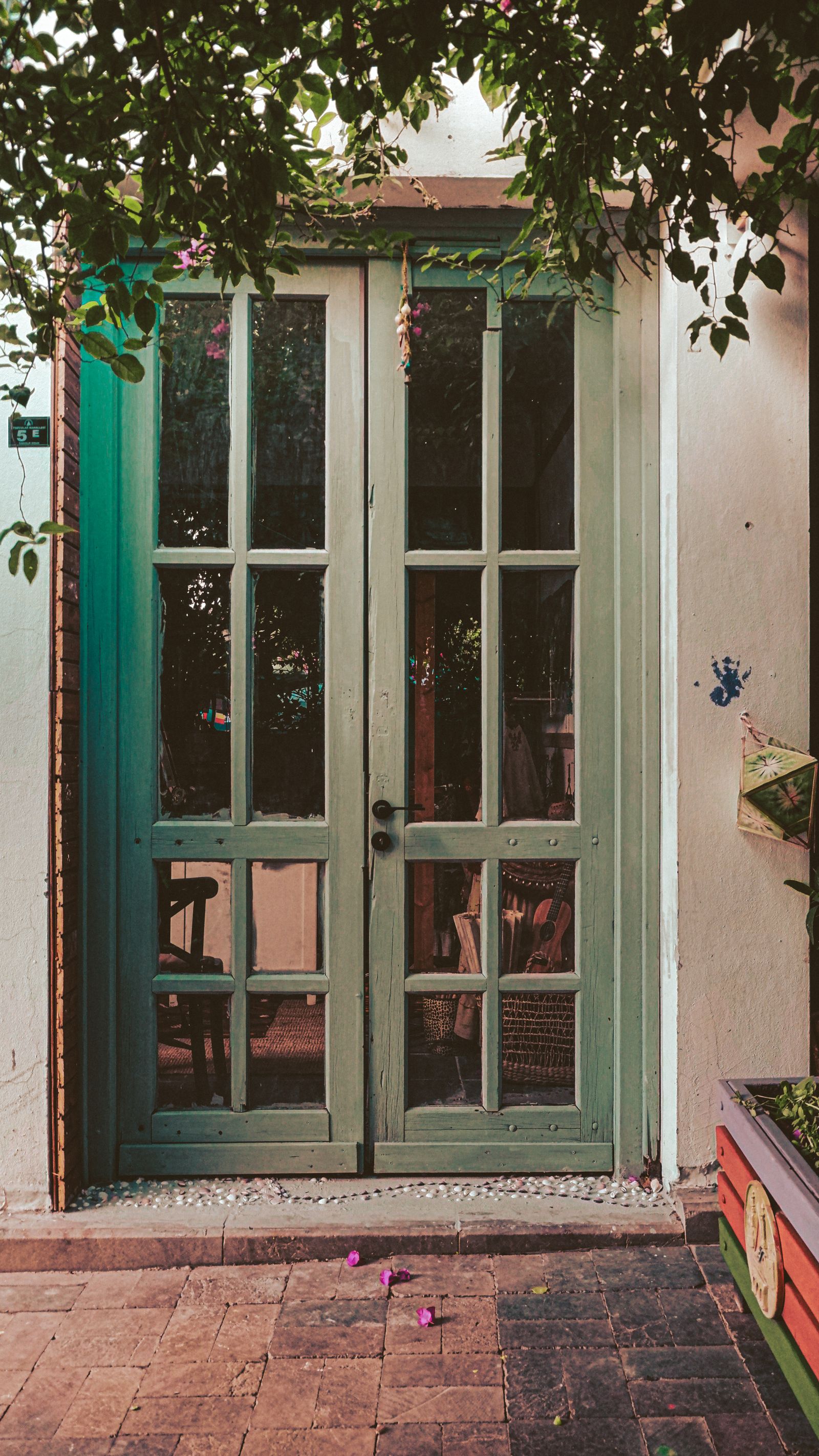 Green French doors opening onto a garden