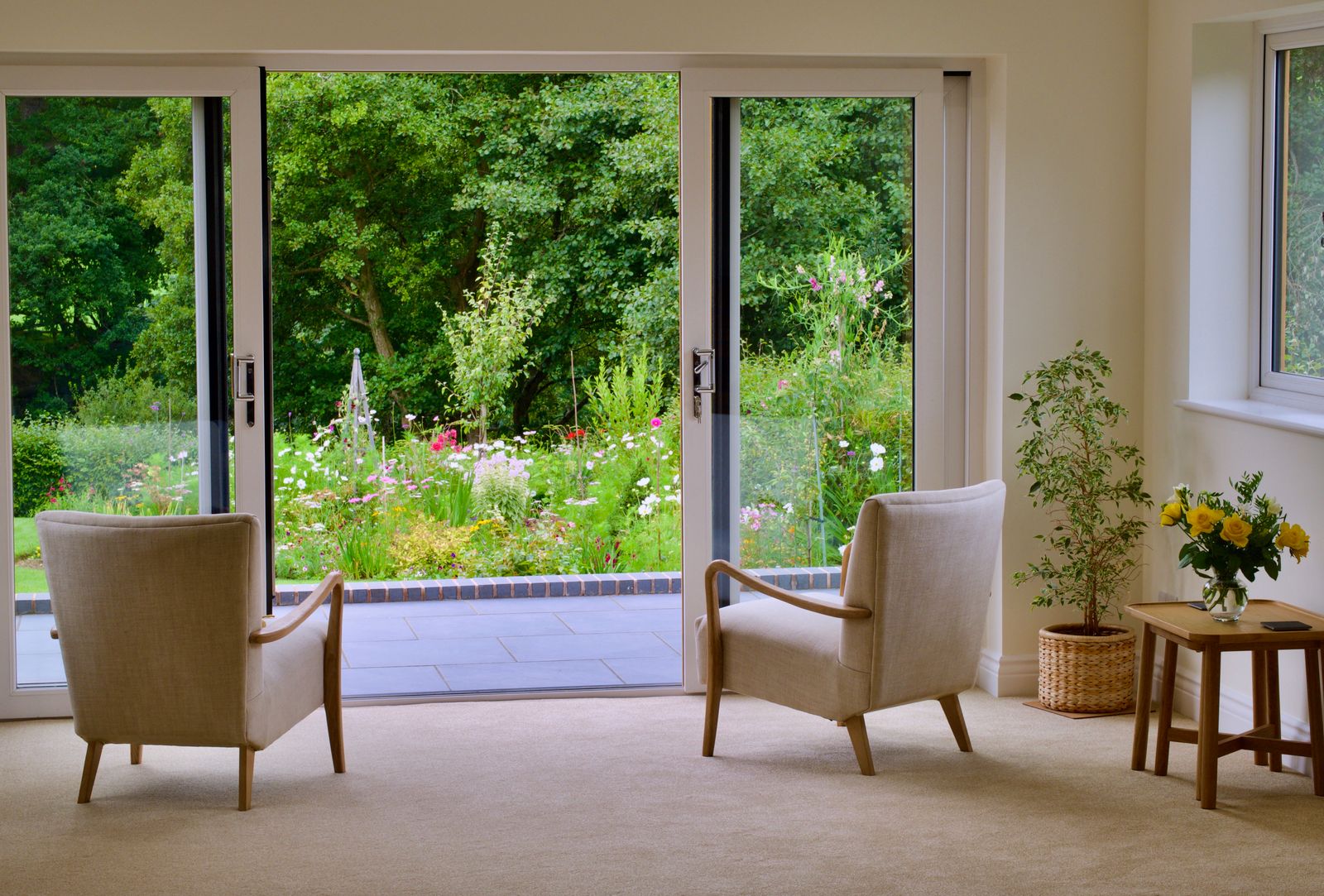A sliding patio door onto a garden