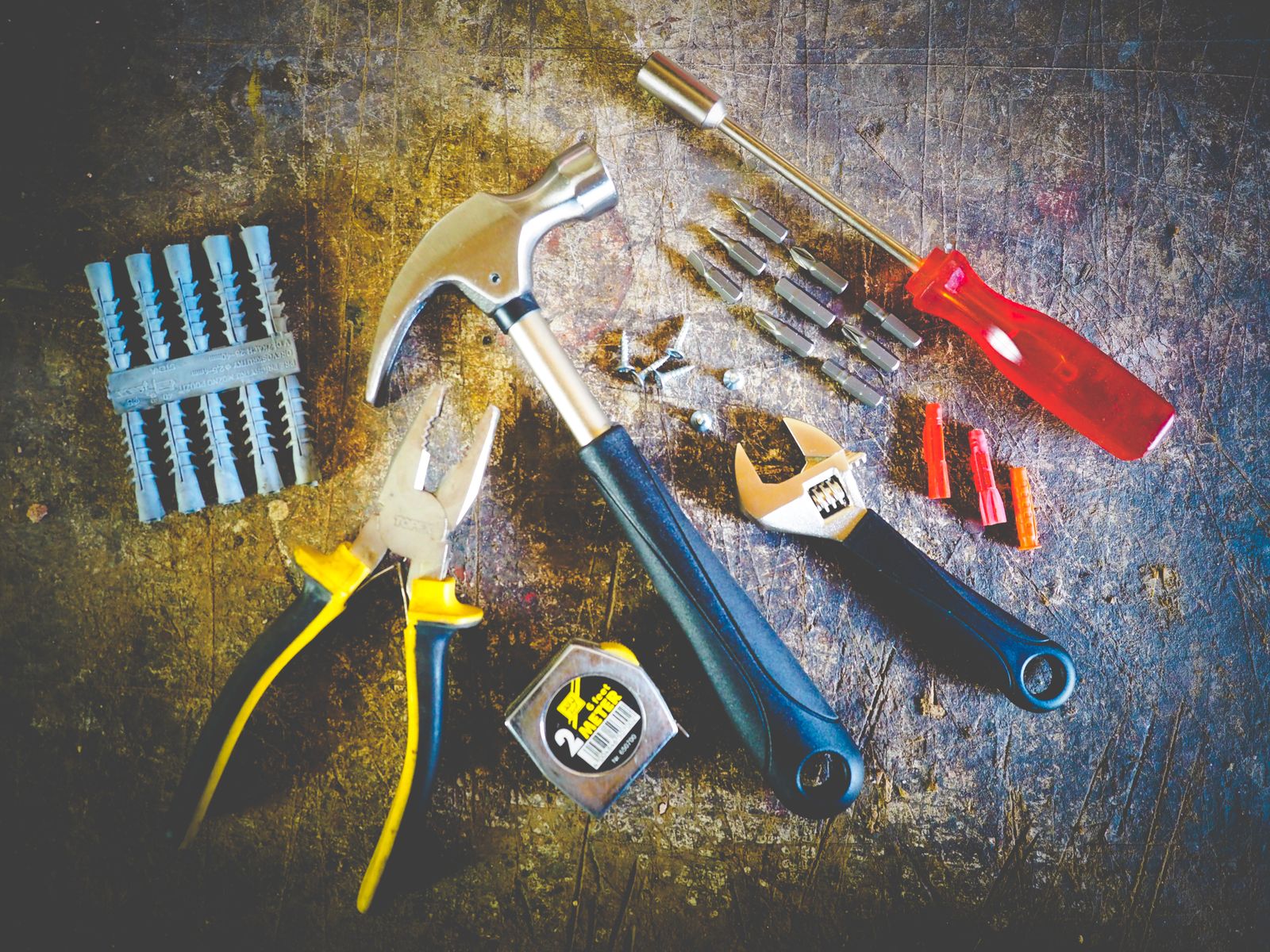 Hand tools laid out for a door job