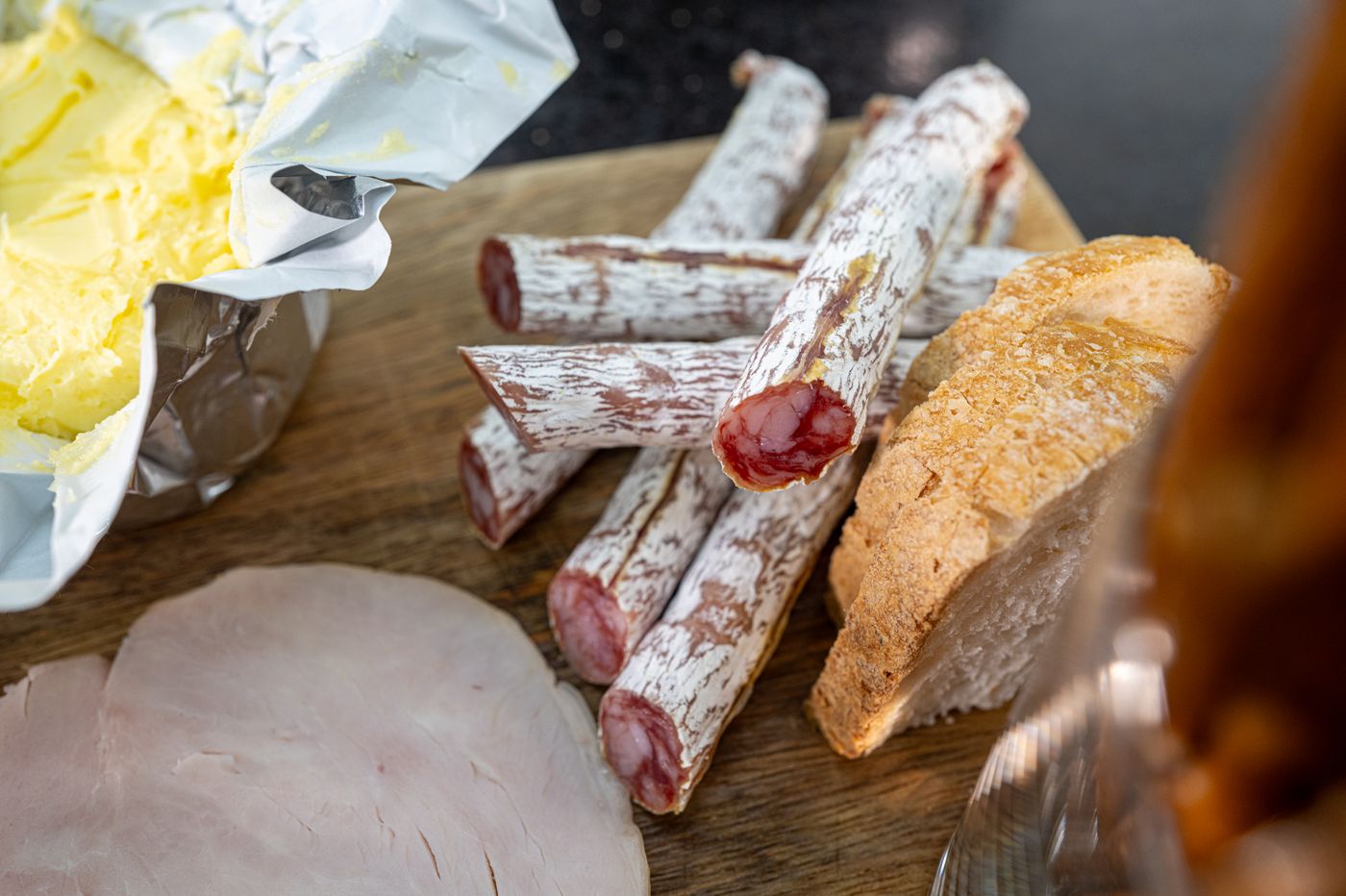 Cured meats, ham and bread spread