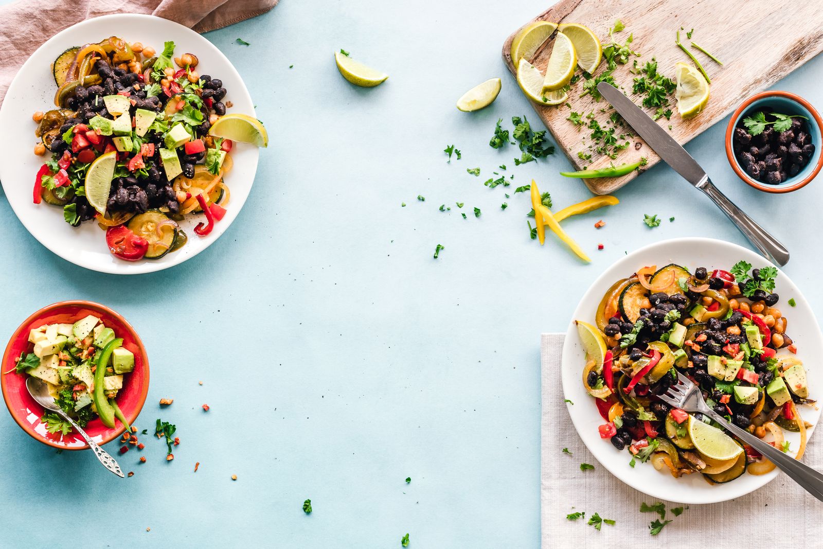 Fresh salad and grain plates from above