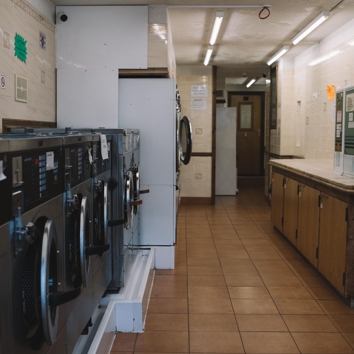 A row of front-load washing machines