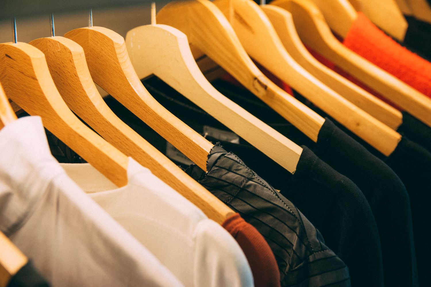 A row of wooden hangers