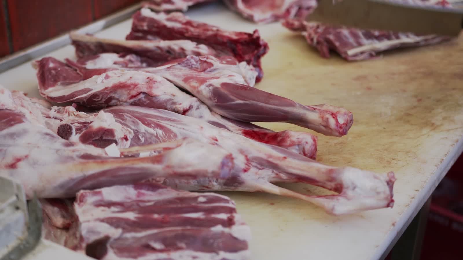 Cuts of meat on a butcher's block