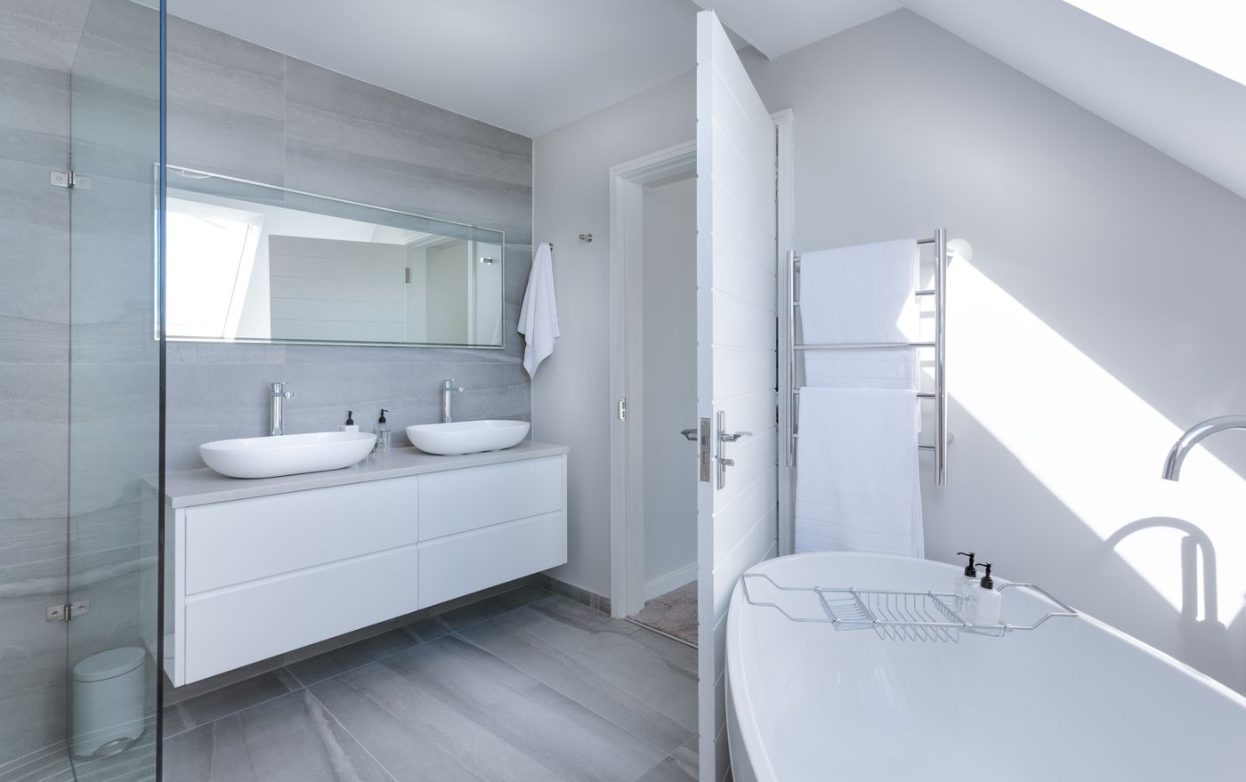 Finished bathroom with double vanity