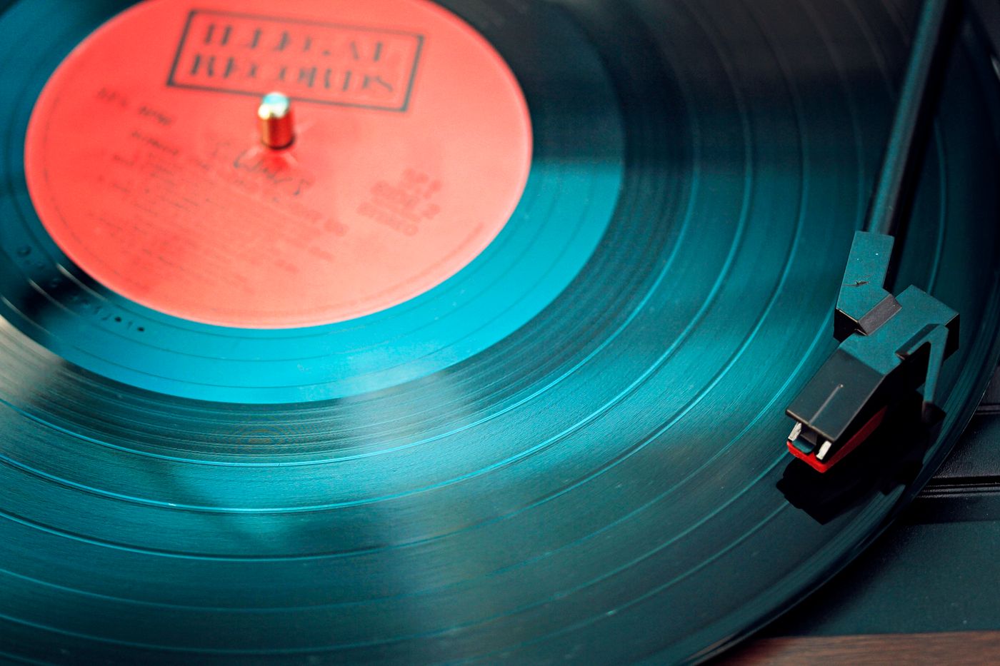 A vinyl record on a turntable