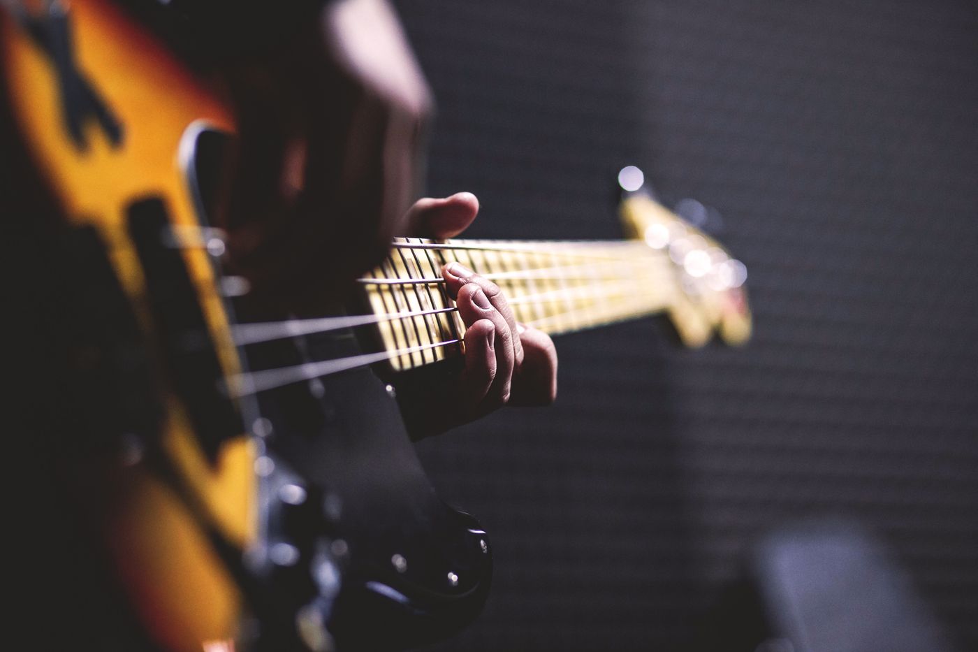Sunburst electric bass close-up