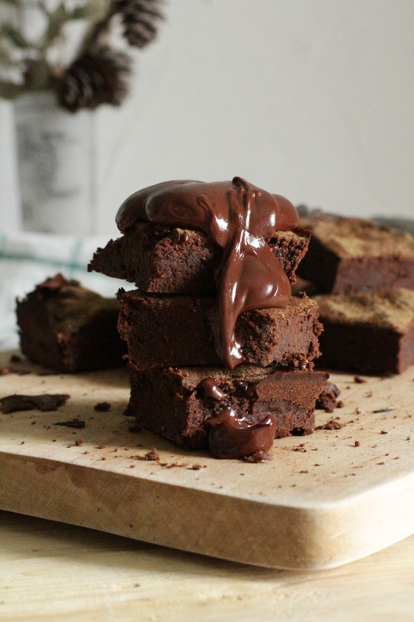 Cut brownie squares with chocolate