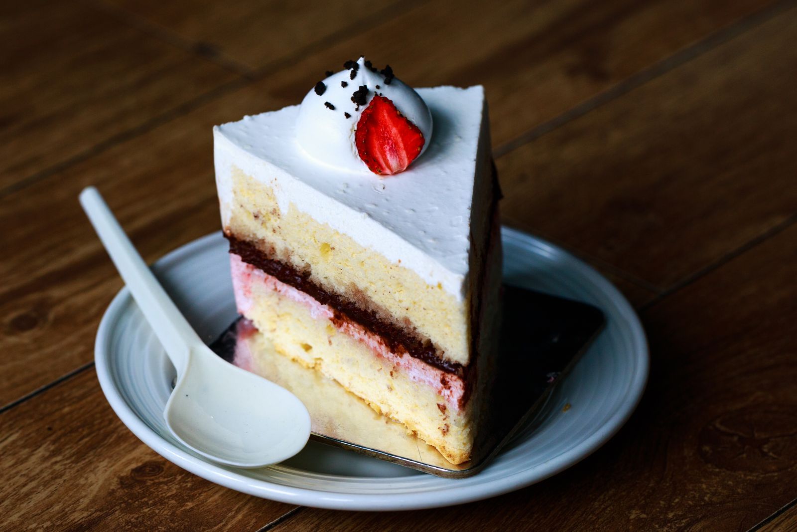 Slice of cake plated on a blue dish