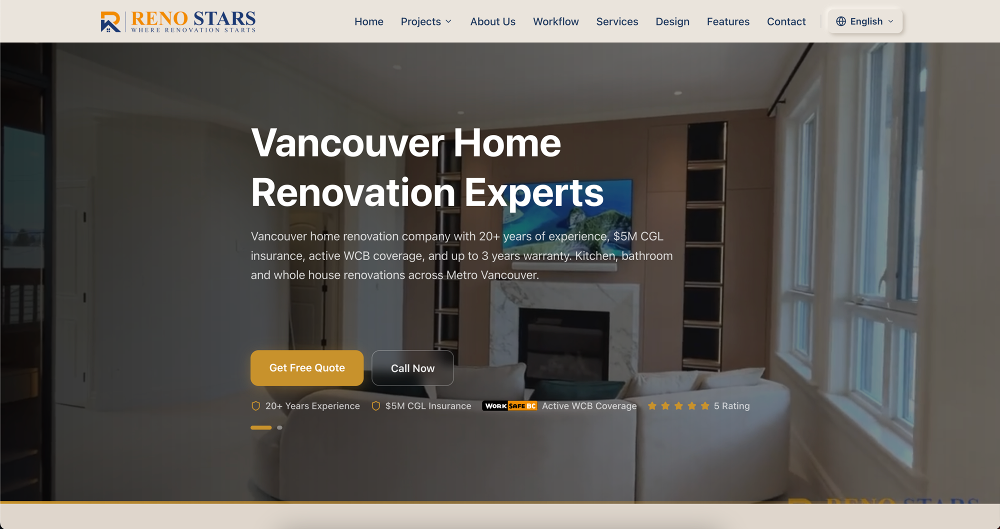 Reno Stars homepage — "Vancouver Home Renovation Experts" hero