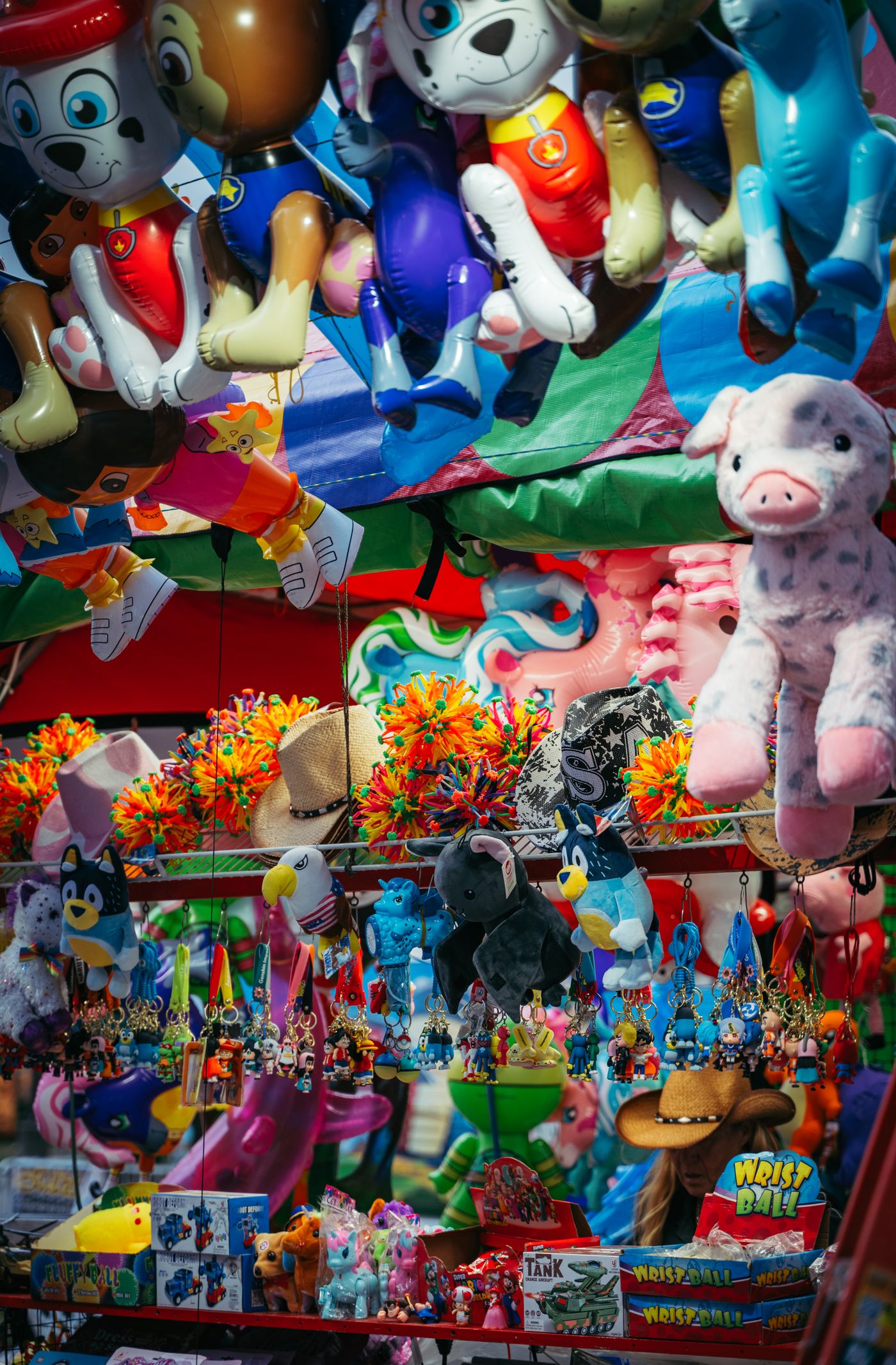 A wall of colourful plush toys