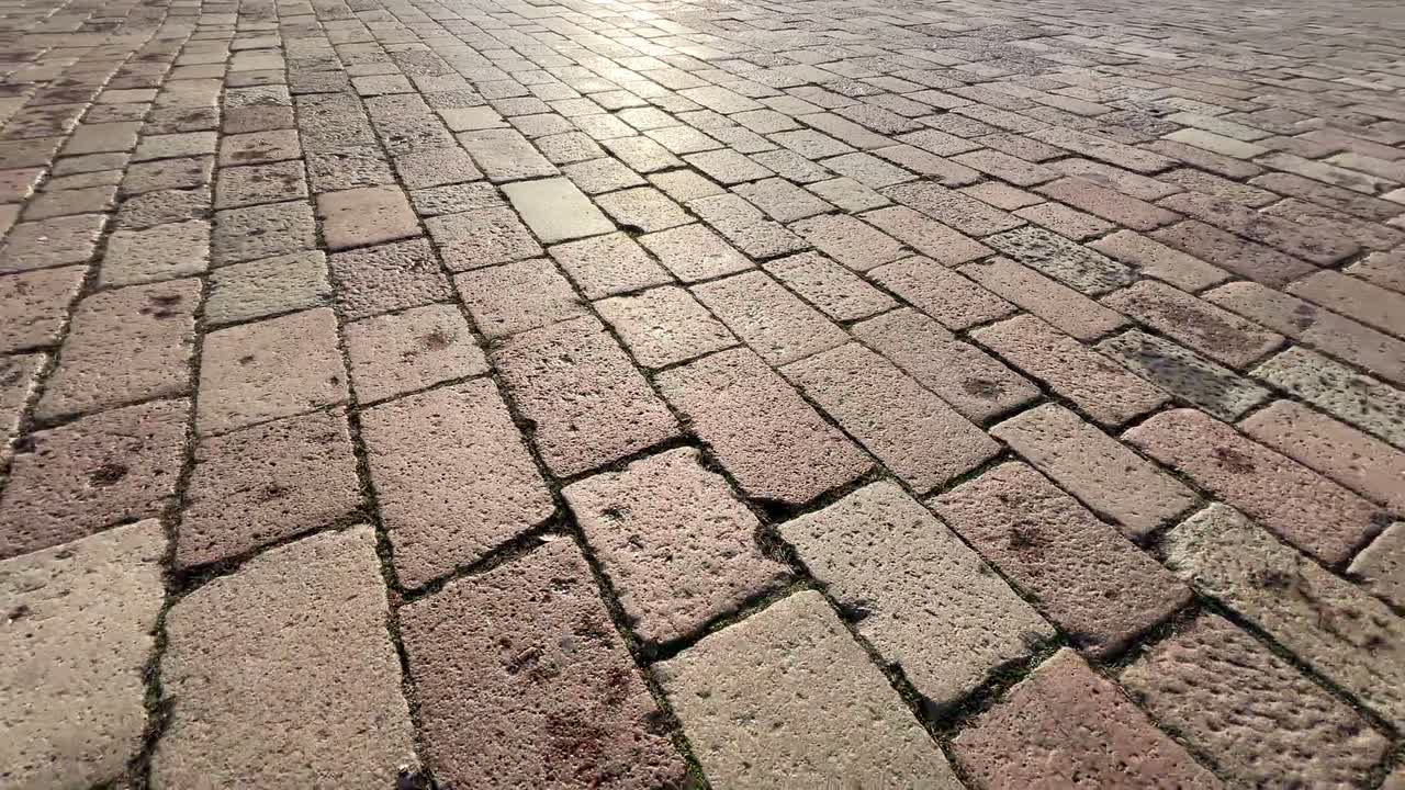 A paver patio in warm evening light