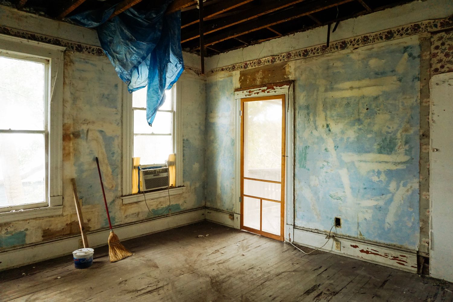 Gutted interior room stripped for renovation