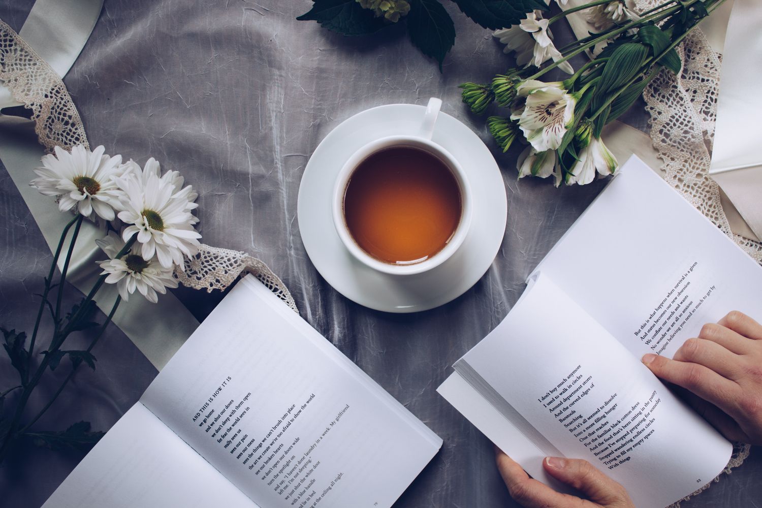 A cup of tea resting on an open book
