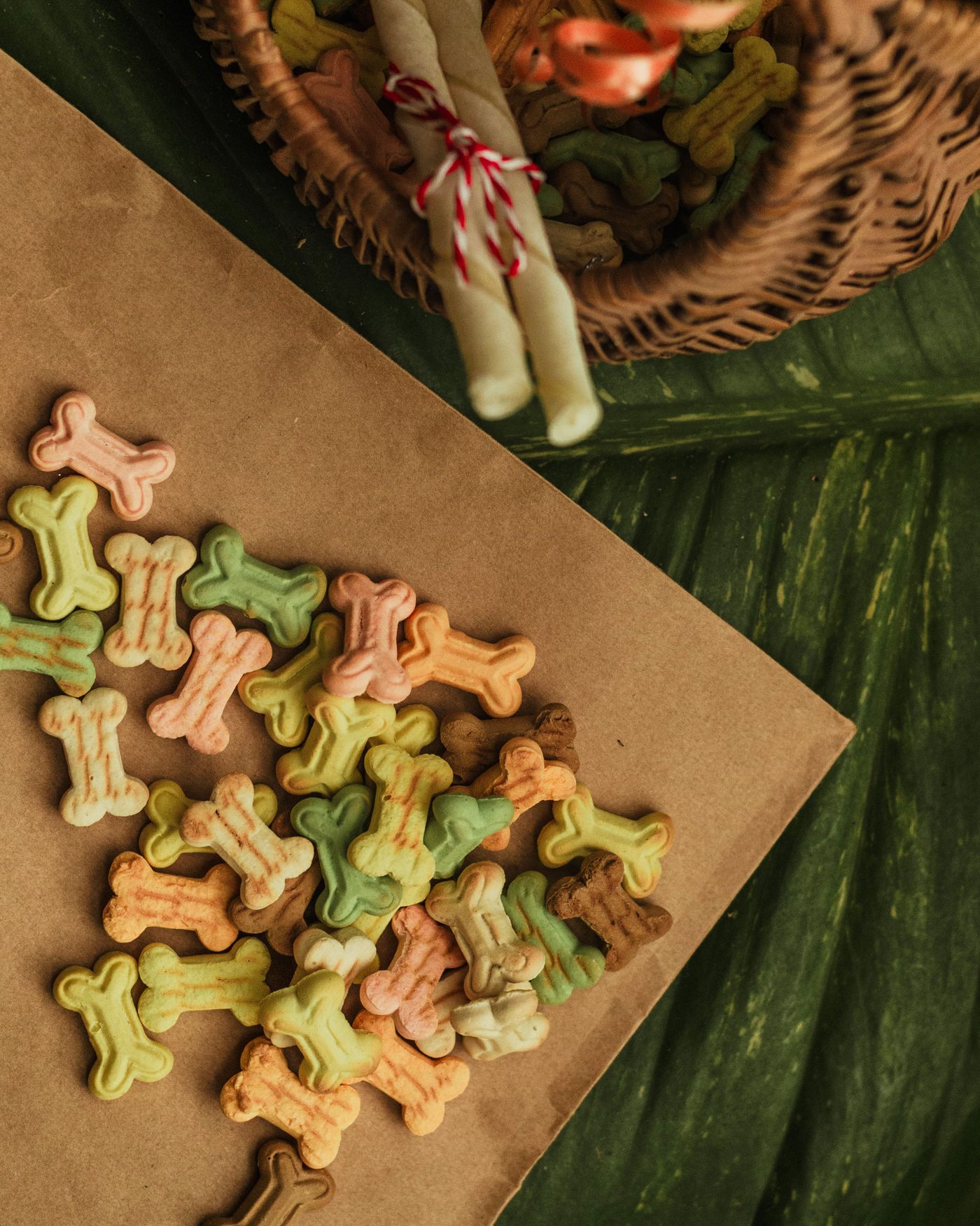 Colourful bone-shaped biscuits on a wooden surface