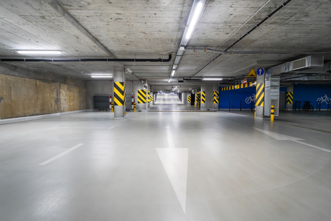 A coated commercial floor with line markings