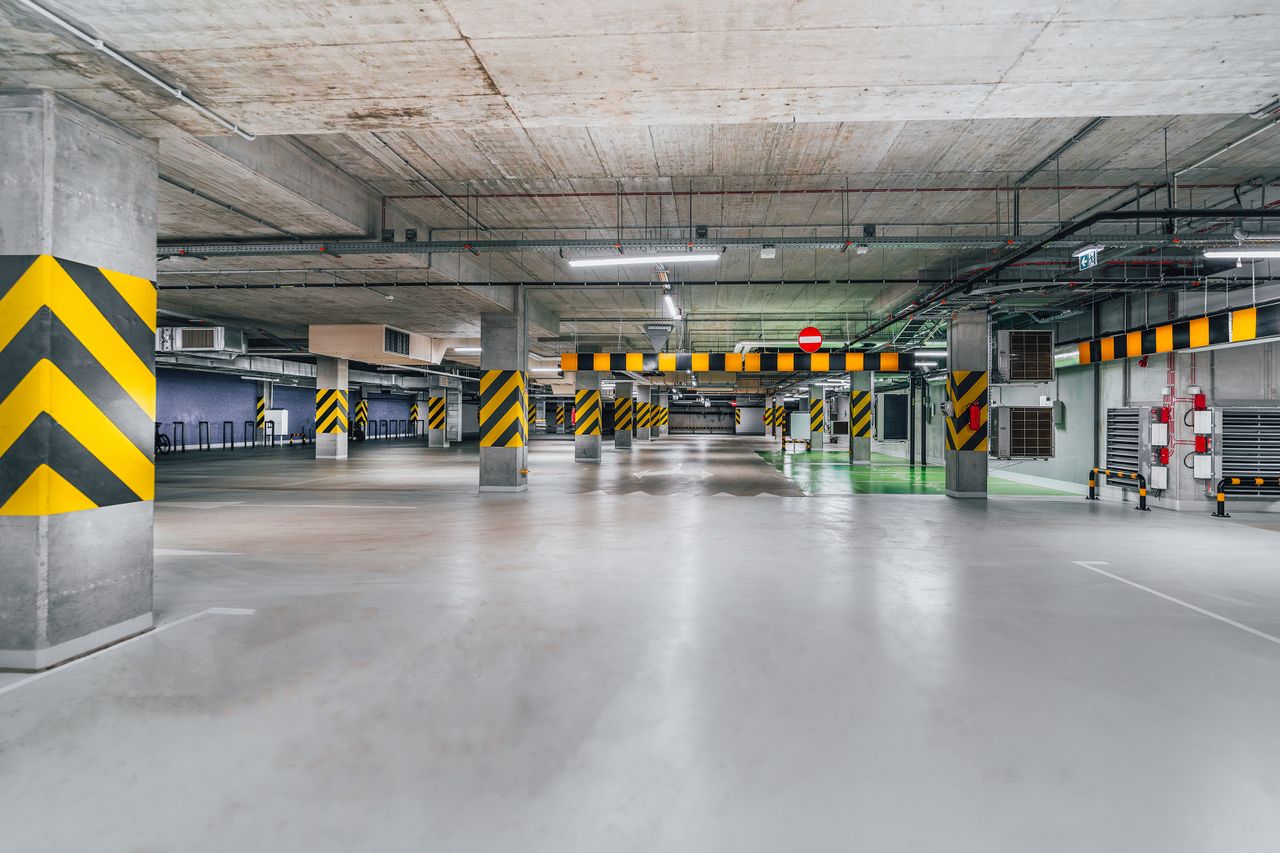 An epoxy-coated garage floor