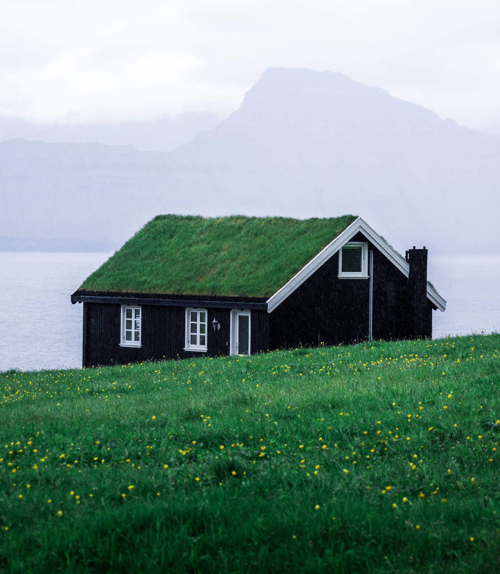 Home exterior at dusk under a clean roof